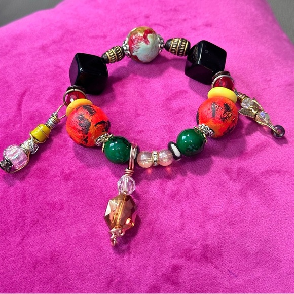 Handmade one-of-a-kind hand painted bracelet with charms ethnic tribal boho 3130 - Picture 3 of 11